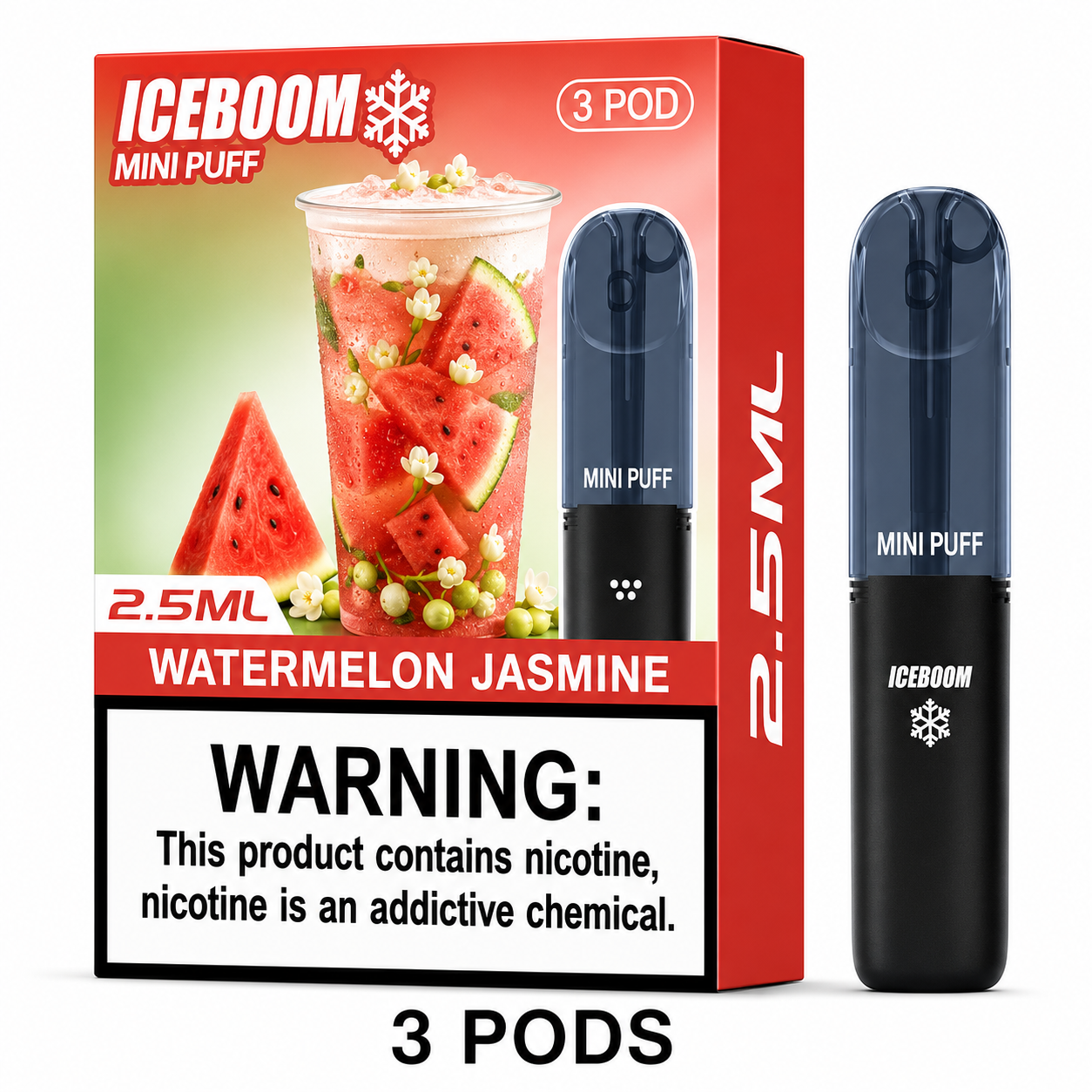 Iceboom Mini Puff Watermelon Jasmine disposable pods packaging and product display. The image shows the retail box on the left with a large nicotine warning label, alongside two black and dark blue pod devices labeled 'MINI PUFF' and 'ICEBOOM' on the right.
