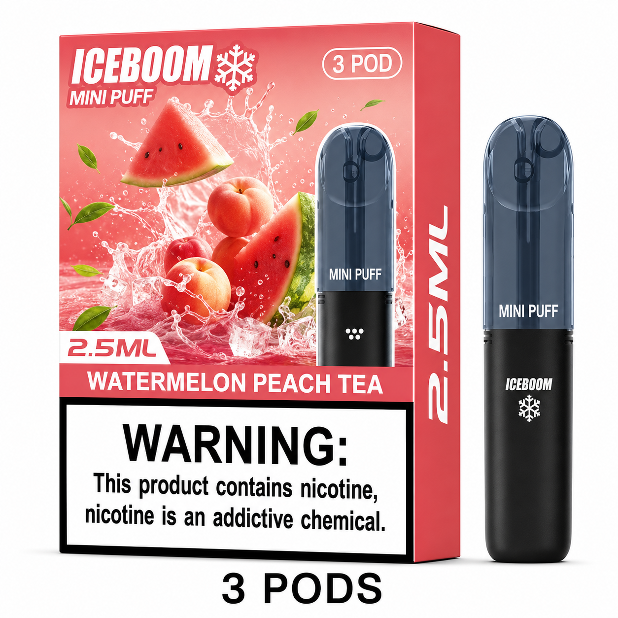Iceboom Mini Puff disposable vape packaging and product shown on a white background. The box is red and pink with watermelon and peach graphics, and the right side features two black vape pods labeled MINI PUFF and 2.