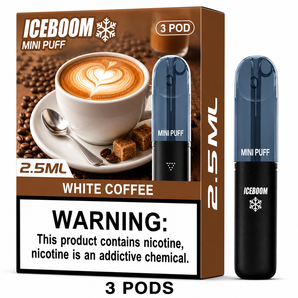 Iceboom Mini Puff disposable vape packaging and two individual pods shown on a white background. The box features a coffee cup with latte art, coffee beans, and a prominent nicotine warning label.