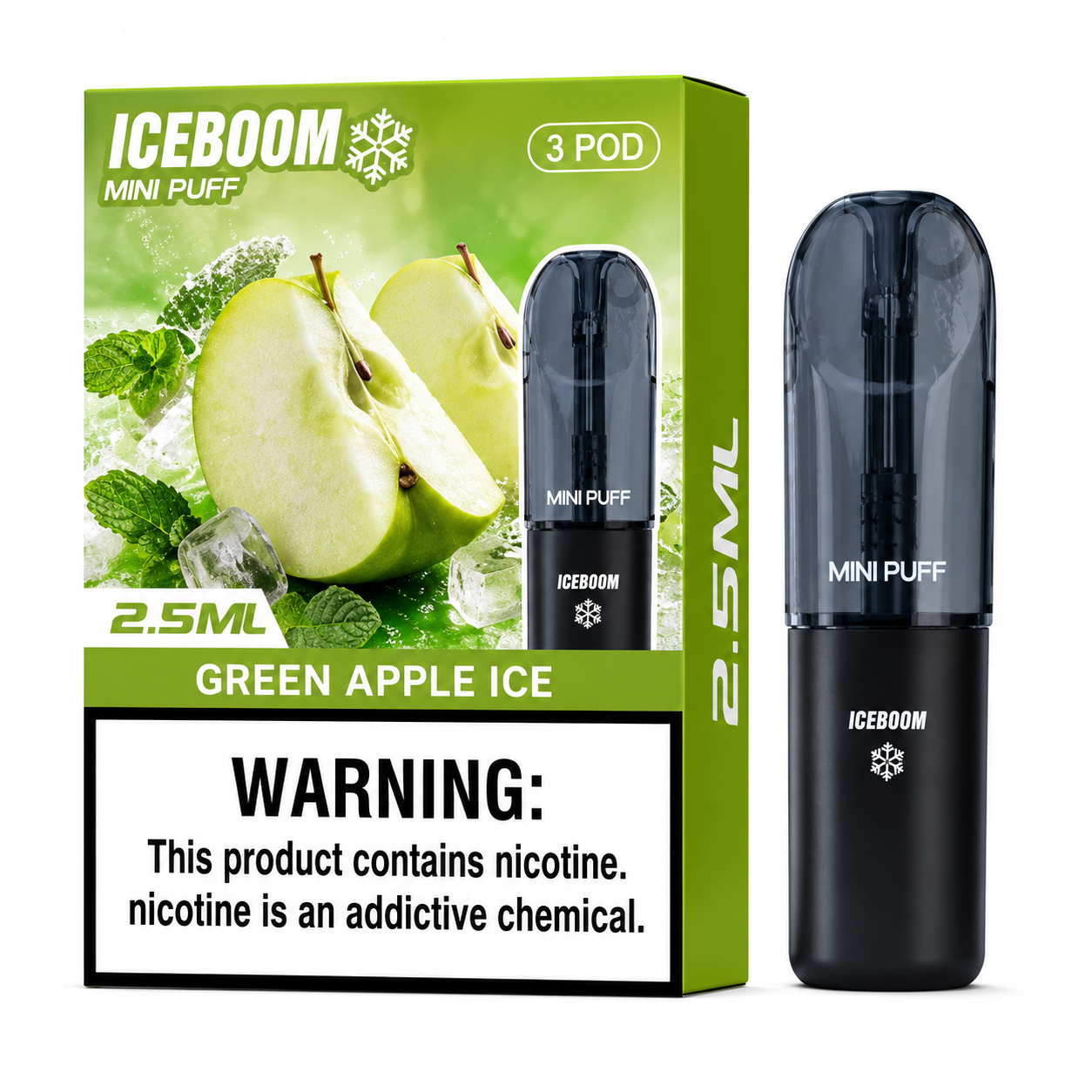 Iceboom Mini Puff Green Apple Ice disposable vape pod shown next to its green packaging box on a white background, featuring a prominent nicotine warning label on the box.
