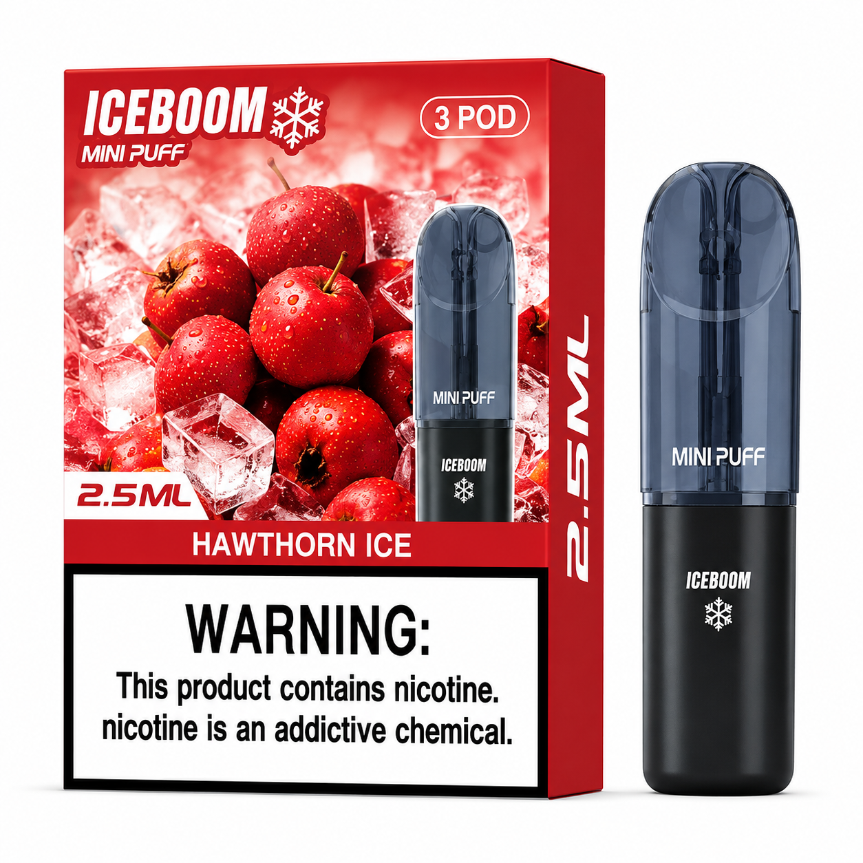 An ICEBOOM Mini Puff disposable vape device in Hawthorn Ice flavor, shown next to its red and white retail packaging box. The box features a graphic of red apples and ice cubes, a '3 POD' label, and a prominent nicotine warning label at the bottom.