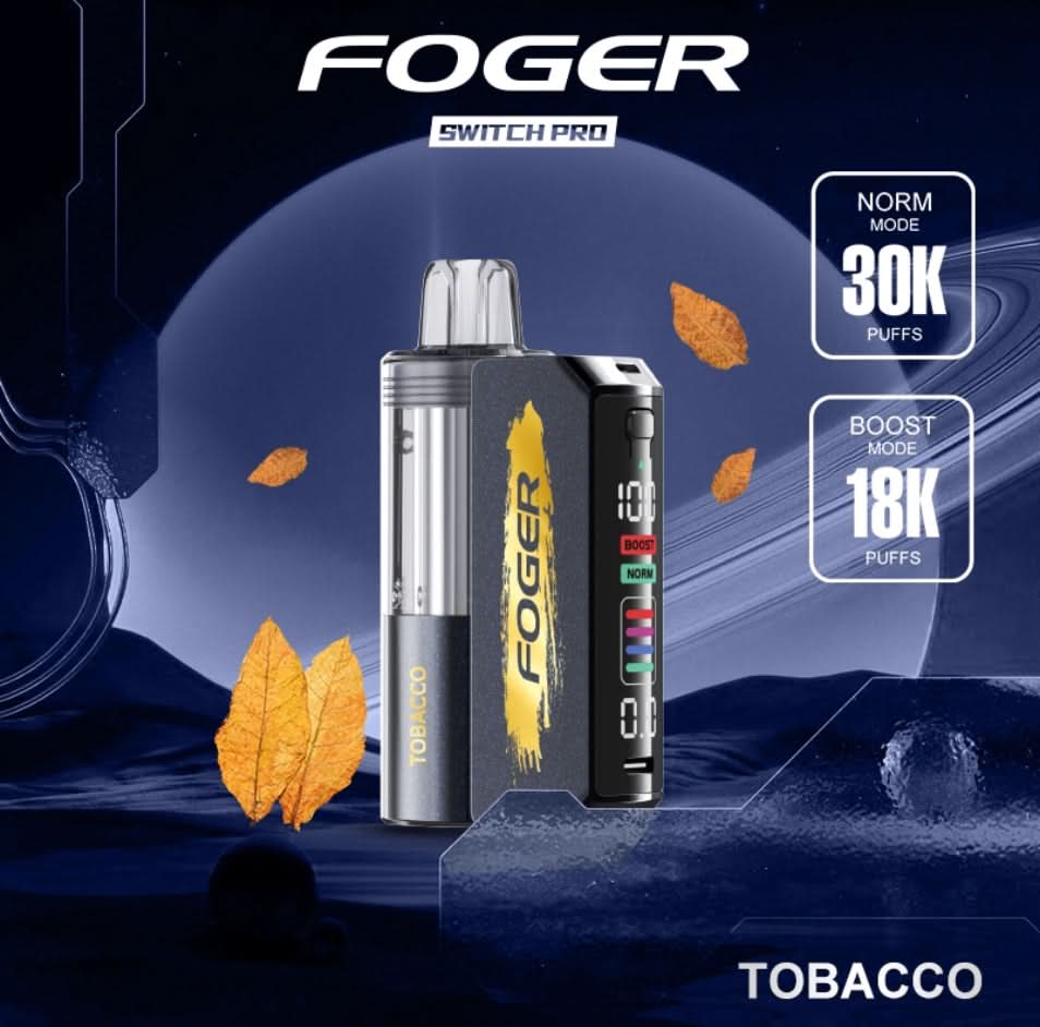 FOGER Switch Pro 30K disposable vape device in Tobacco flavor, shown with tobacco leaf graphics highlighting 30K Norm Mode and 18K Boost Mode puff counts.