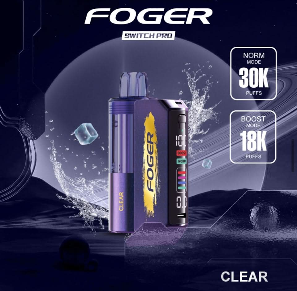 FOGER Switch Pro 30K disposable vape device in Clear flavor, shown with water splash and ice cube graphics highlighting 30K Norm Mode and 18K Boost Mode puff counts.