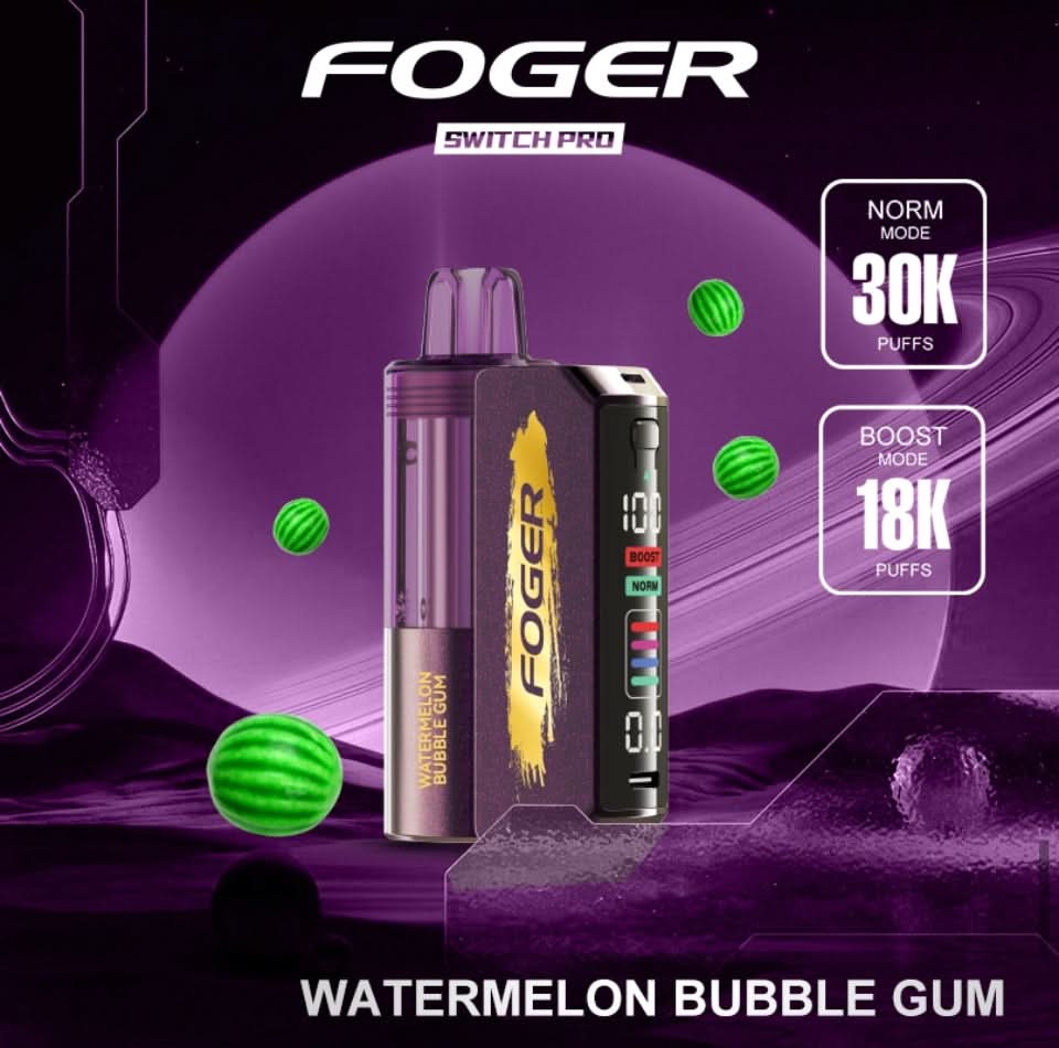 FOGER Switch Pro 30K disposable vape device in Watermelon Bubble Gum flavor, shown with green gumball graphics highlighting 30K Norm Mode and 18K Boost Mode puff counts.