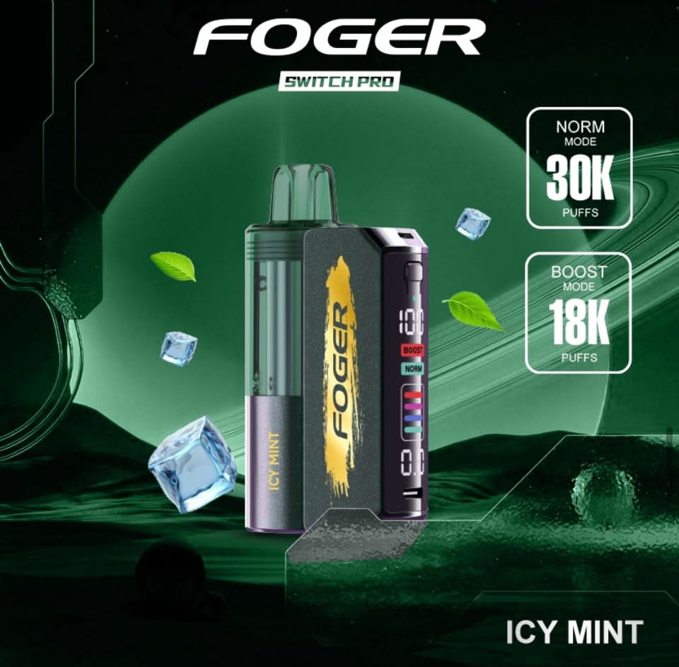 FOGER Switch Pro 30K disposable vape device in Icy Mint flavor, shown with ice cube and leaf graphics highlighting 30K Norm Mode and 18K Boost Mode puff counts.