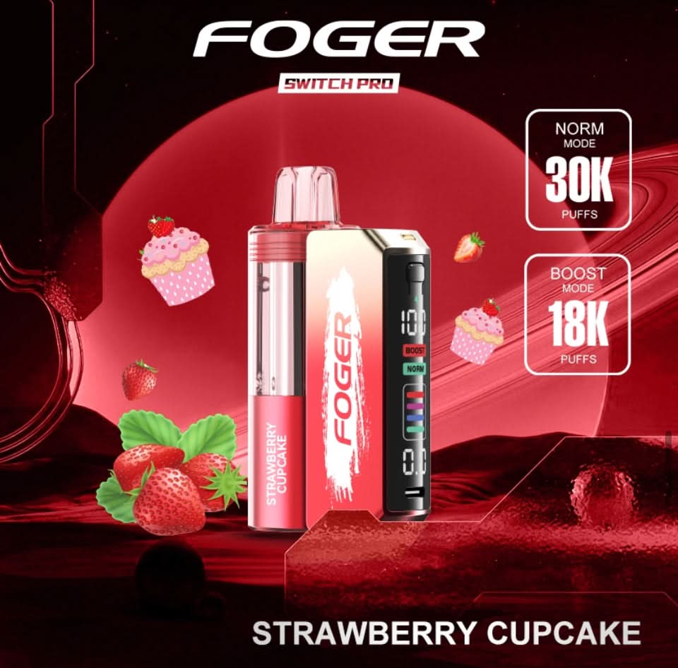 FOGER Switch Pro 30K disposable vape device in Strawberry Cupcake flavor, shown with cupcake and strawberry graphics highlighting 30K Norm Mode and 18K Boost Mode puff counts.
