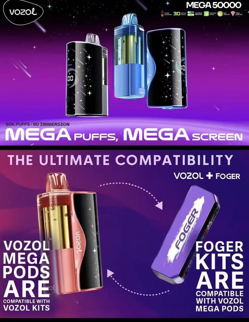 VOZOL Mega 50000 Disposable Kit – 50K Puffs, 3D Mega Screen, Dual Mesh (VOZOL & Foger Pod Compatible)