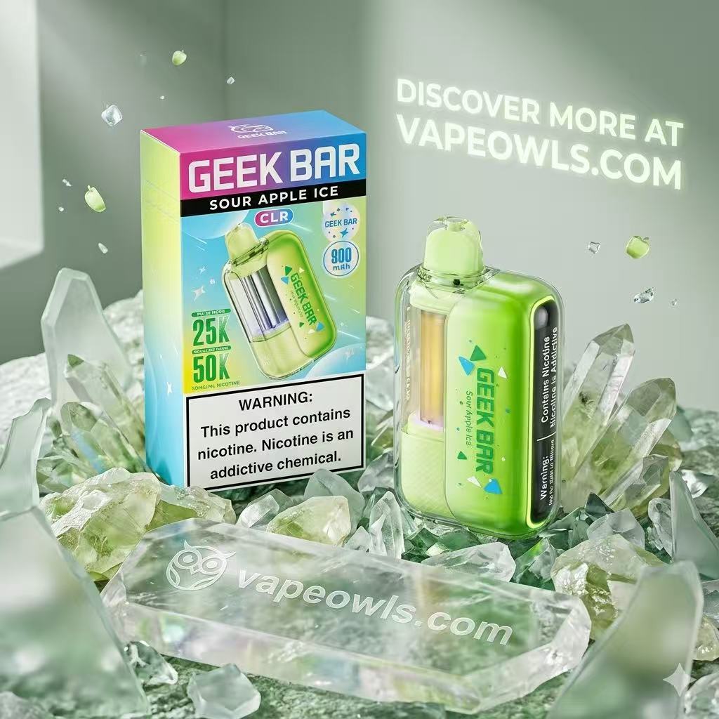 Geek Bar CLR 50K disposable vape, Sour Apple Ice flavor, packaging on ice with Vapeowls branding