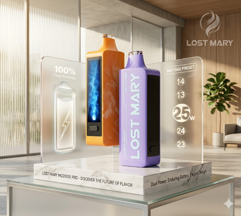 Three Lost Mary vaping devices on a glass table with a modern interior background.