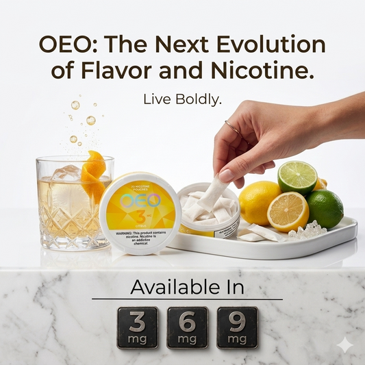 OEO nicotine pouches shown in a lifestyle-style product scene with a hand dipping a pouch into an open container, alongside a glass of iced drink with orange slice and citrus on a marble surface. Text reads 'OEO: The Next Evolution of Flavor and Nicotine.