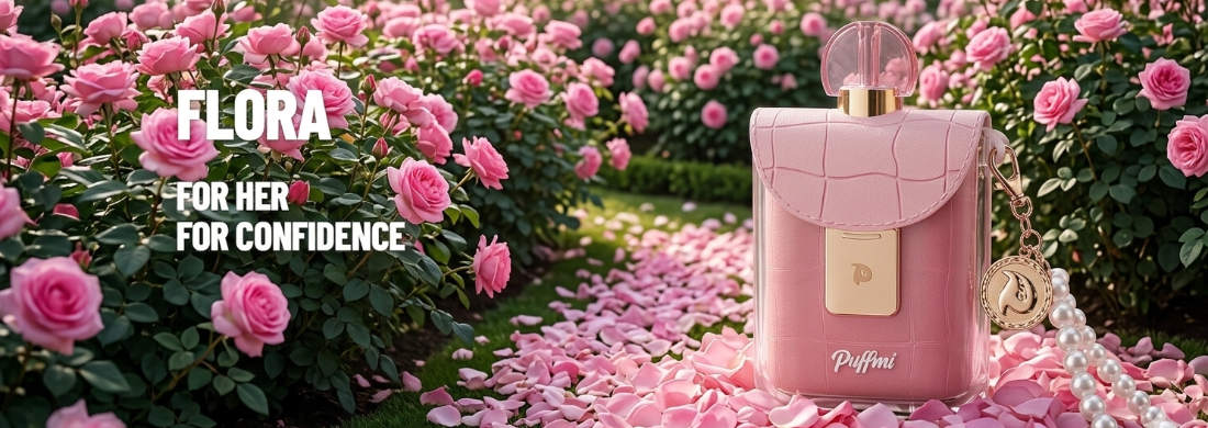 Pink perfume bottle with 'Flora' branding in a garden of pink flowers