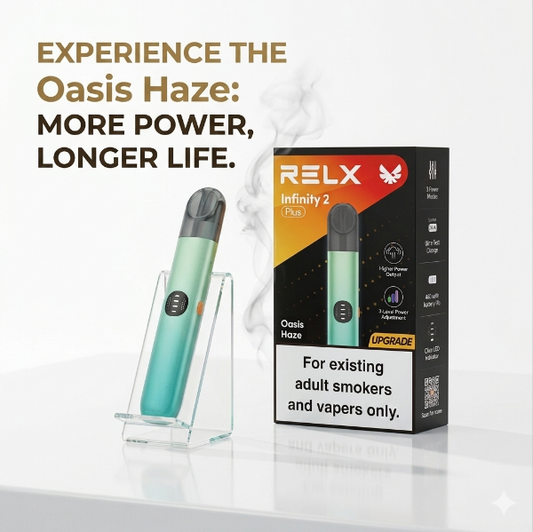 RELX Infinity 2 Plus vape device and packaging on a white background with text about power and life.