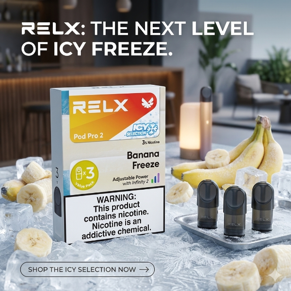 RELX pod packaging with bananas and ice cubes on a table, promotional text above.