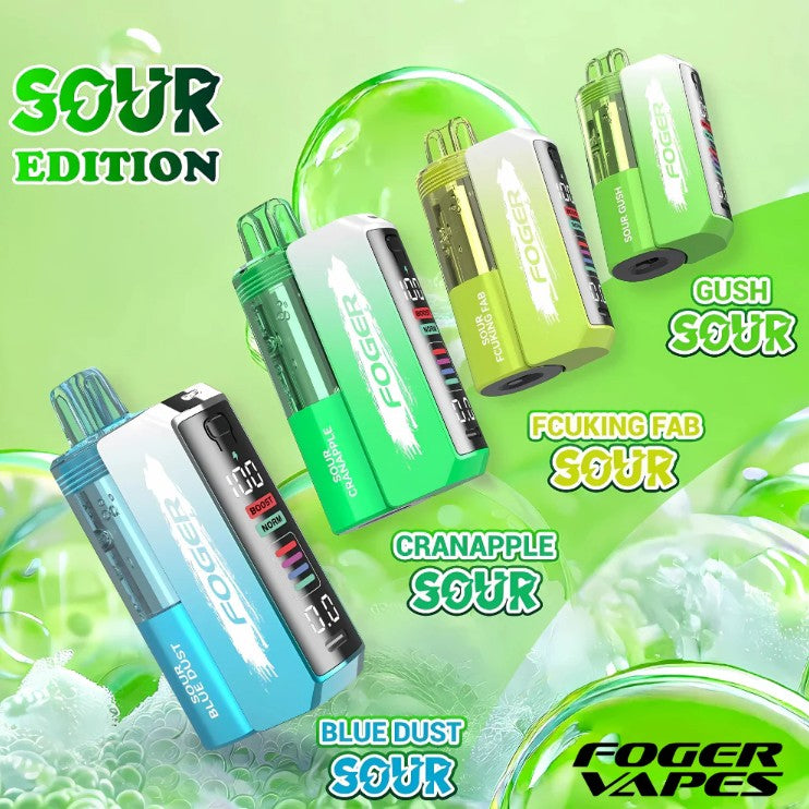 FOGER Switch Pro Sour Edition disposable vape devices in four sour flavors: Gush Sour, Fcuking Fab Sour, Cranapple Sour, and Blue Dust Sour, shown against a green bubble background with the FOGER Vapes logo.