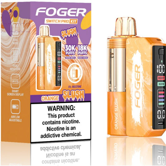FOGER Switch Pro Kit vape device in orange and white with a black digital display, shown next to its retail packaging box on a white background.
