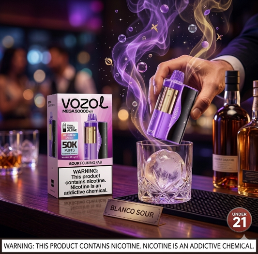 Vozol vaping device and packaging on a bar counter with blurred bar background