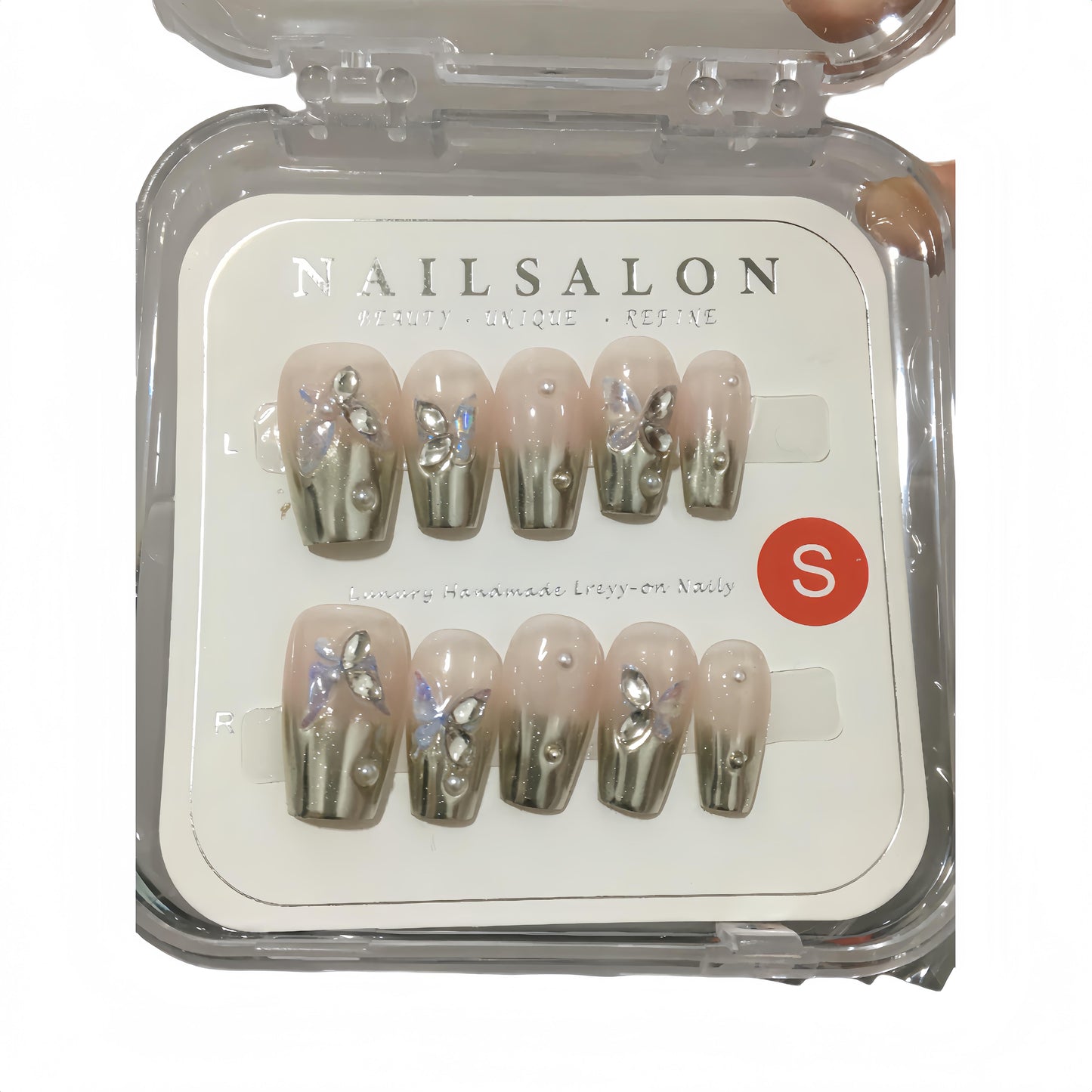 Reusable Handmade Acrylic Press-on Nails - Silver Mirror Butterfly