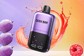 Geek Bar Ice Prince 50K disposable vape device with grape and berry fruit splash background