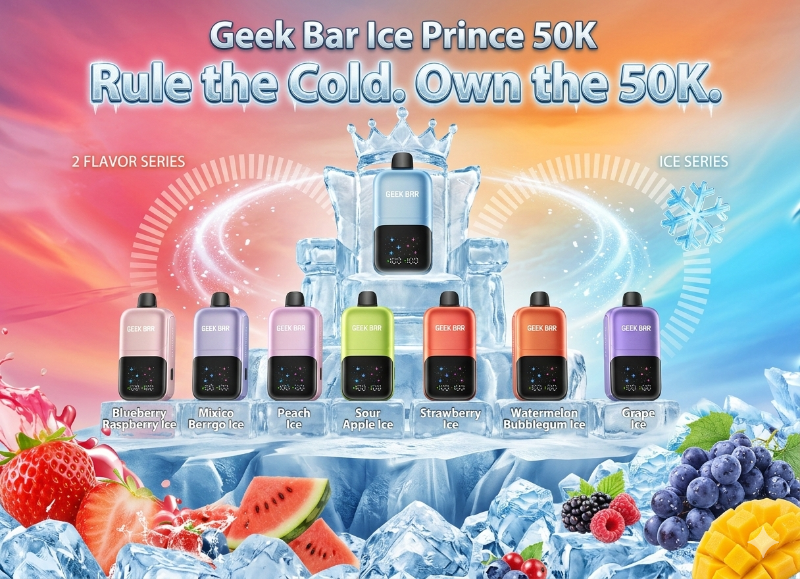 Geek Bar Ice Prince 50K disposable vape flavor lineup: Blueberry Raspberry Ice, Mexico Mango Ice, Peach Ice, Sour Apple Ice, Strawberry Ice, Watermelon Bubblegum Ice and Grape Ice