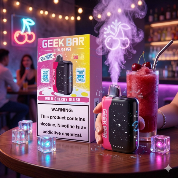 Geek Bar vape device and packaging on a bar counter with a drink and ice cubes.