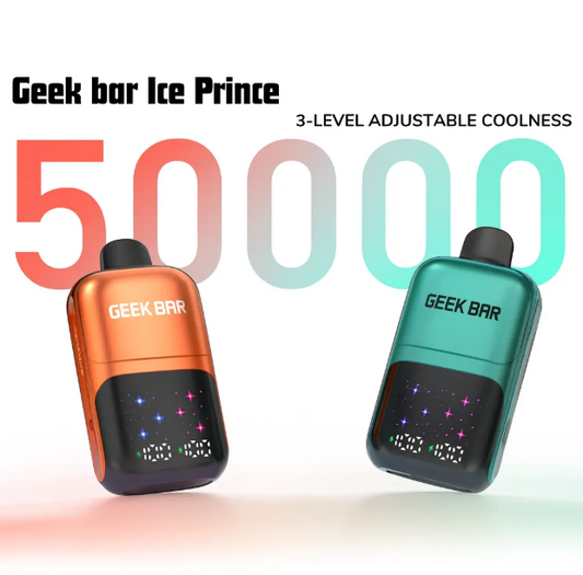 Geek Bar Ice Prince 50K disposable vape in orange and teal, 3-level adjustable coolness, 50,000 puffs