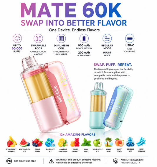 Geek Bar Mate 60K vape device with features and flavors displayed on a white background