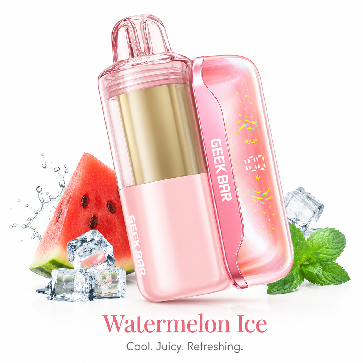 Geek Bar Mate 60K vape device in pink Watermelon Ice flavor, shown with watermelon slice, mint, and ice cubes on a white background.