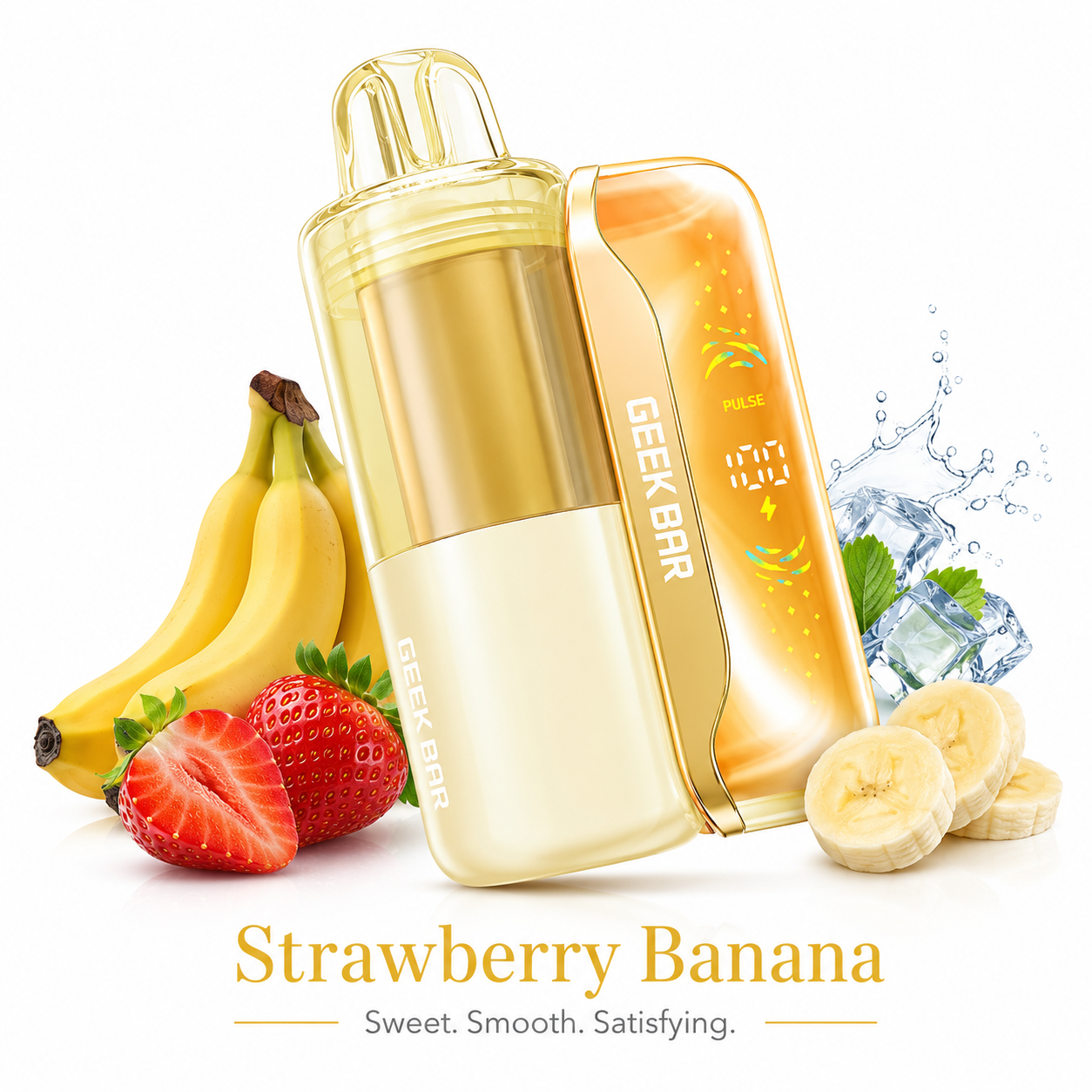 Geek Bar blender with strawberry, banana, and ice cubes on a white background