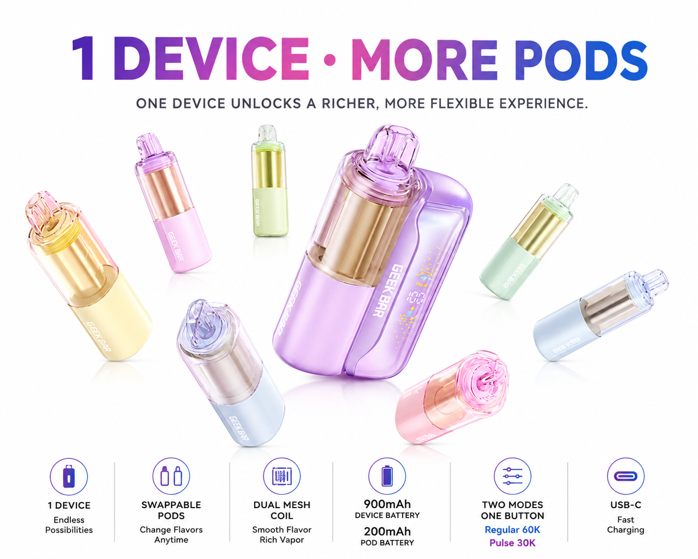 Vape device with colorful pods and feature highlights on a white background