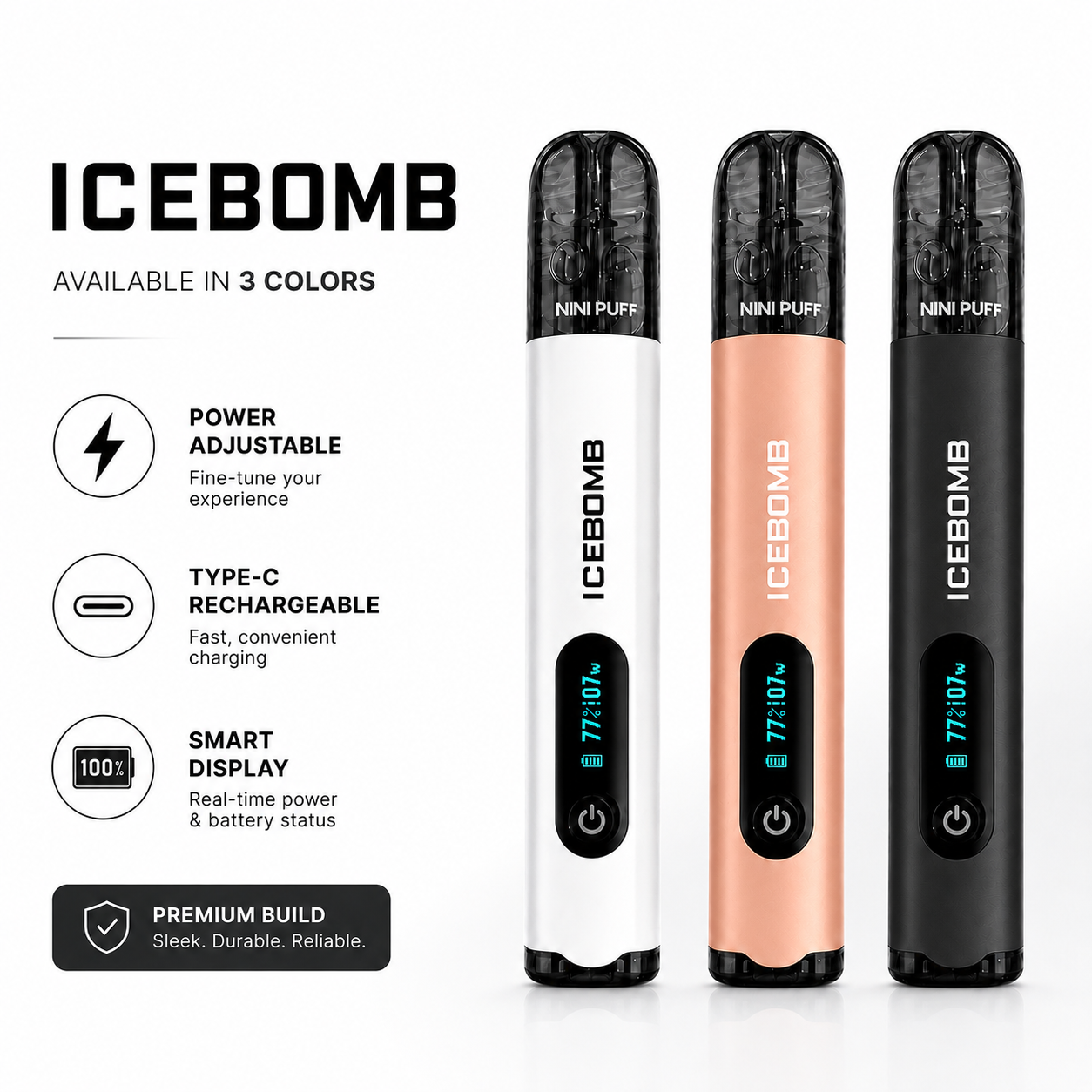 Three ICEBOMB NINI PUFF disposable vape devices shown side by side in white, rose gold, and black, with marketing text on a clean white background.
