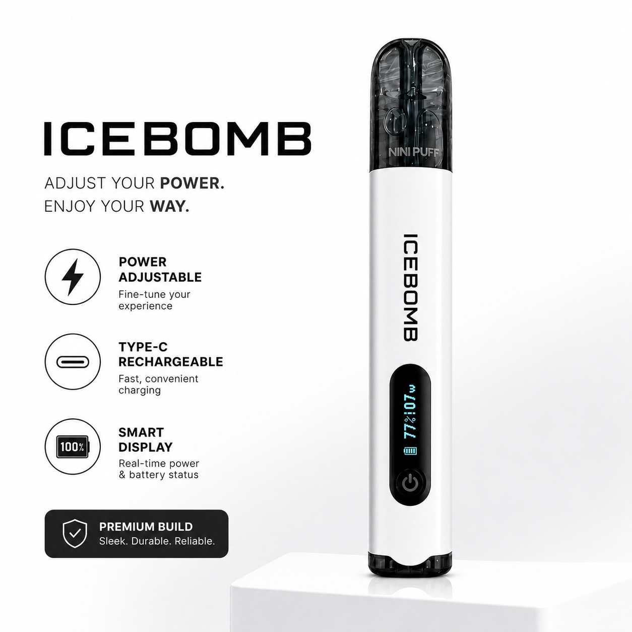 A white and black Icebomb disposable vape device stands on a white pedestal against a white background, with product features listed on the left including power adjustment, type-C charging, smart display, and premium build.