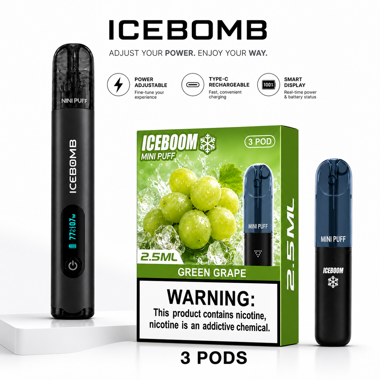 ICEBOMB Pod Vape Kit - rechargeable device with ICEBOOM Mini Puff pods, 3-pack, 6-10W adjustable OLED display