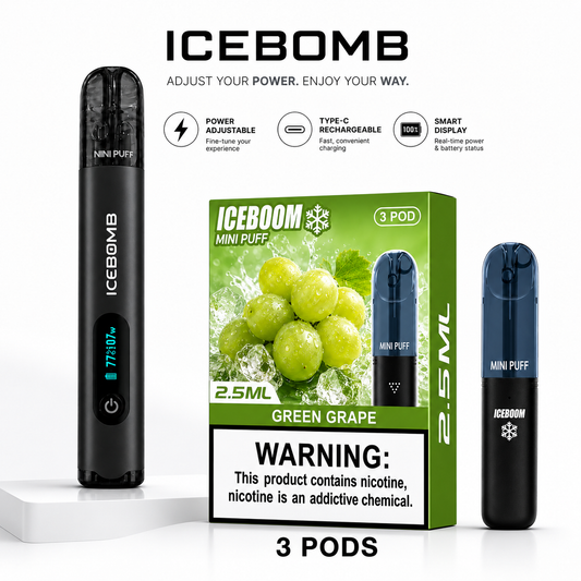 ICEBOMB Pod Vape Kit - rechargeable device with ICEBOOM Mini Puff pods, 3-pack, 6-10W adjustable OLED display