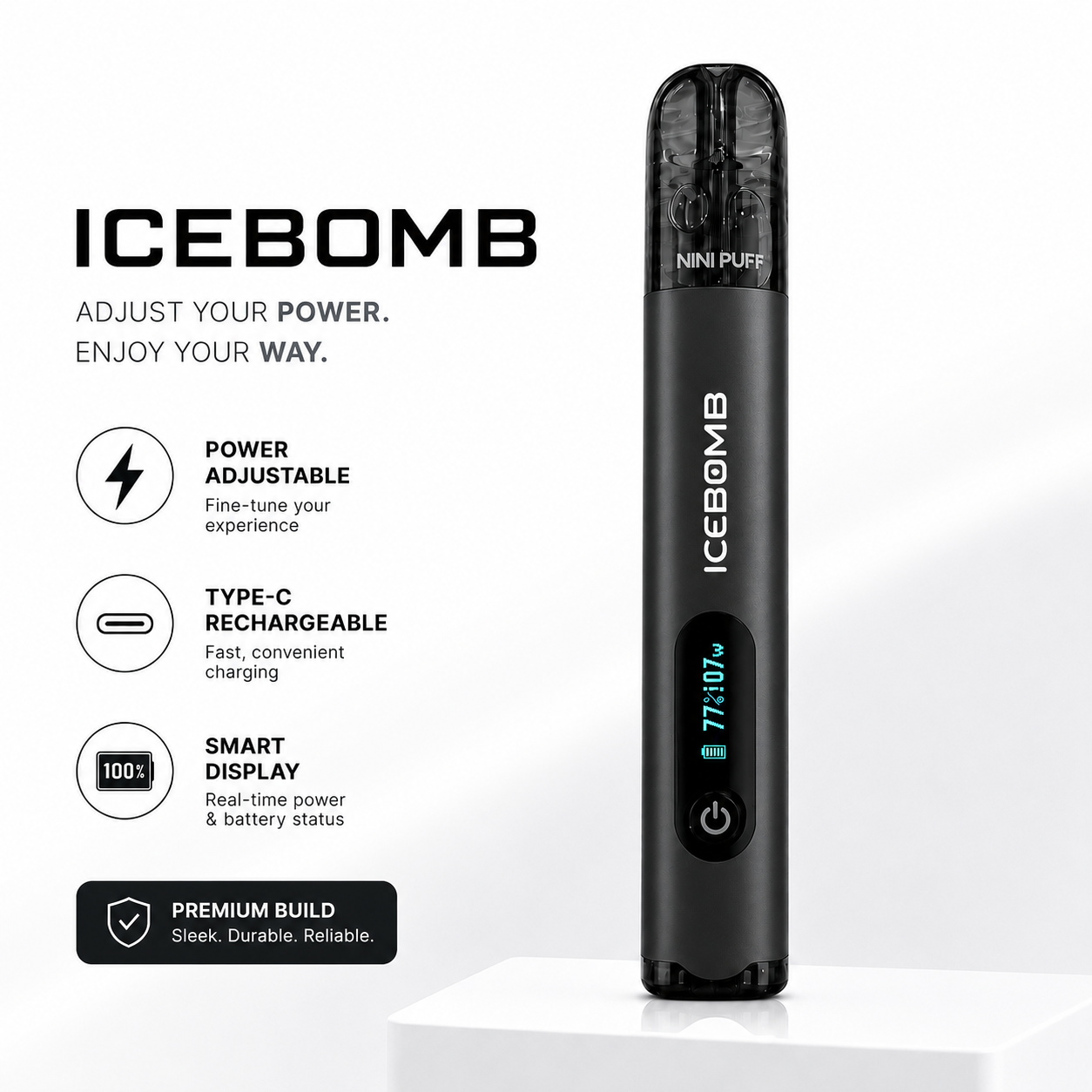 A black ICEMAX disposable vape device stands on a white pedestal against a light gray background, with product features listed on the left including power adjustment, Type-C charging, 100+ battery, and smart display.