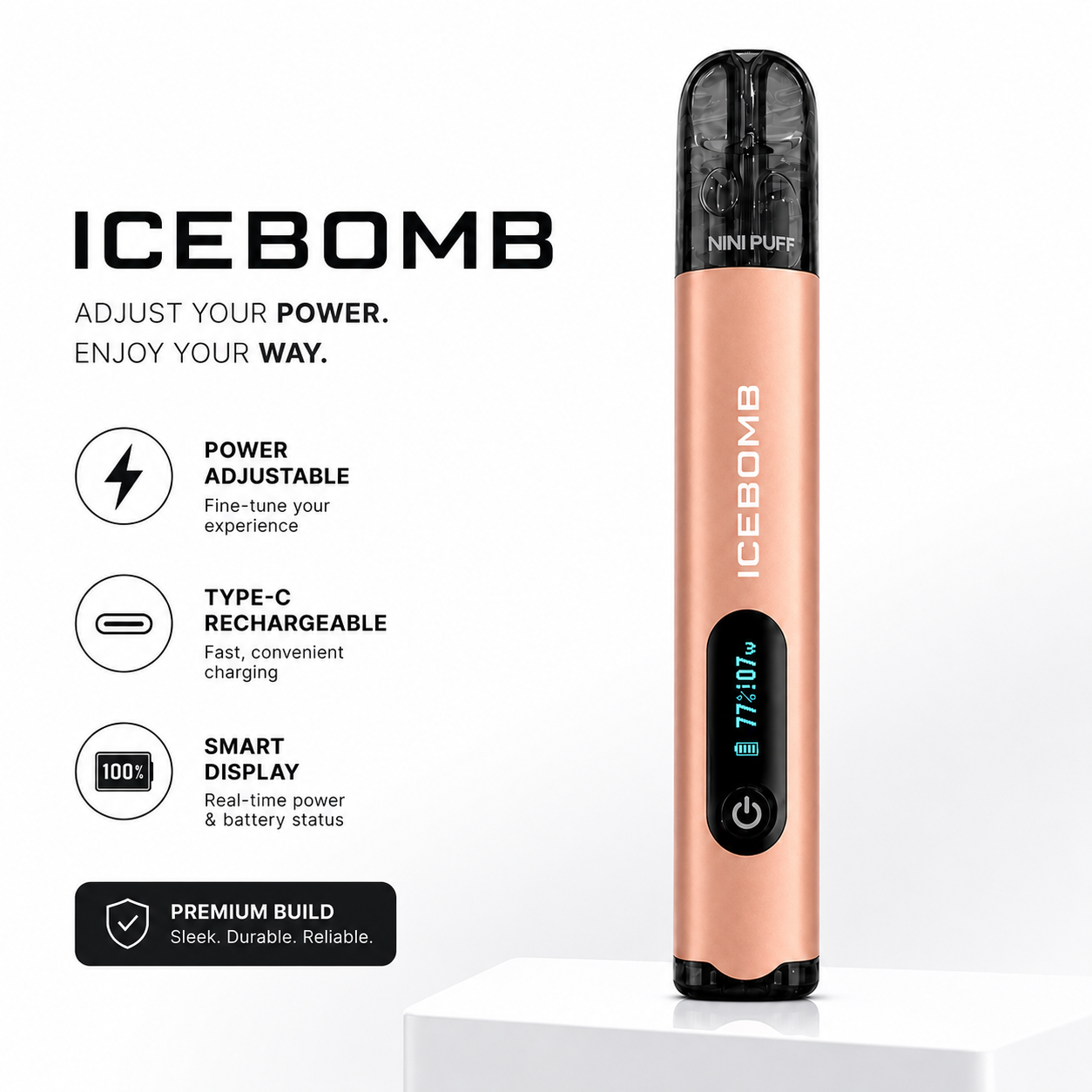 An ICEBOMB disposable vape device in a metallic rose gold finish with black accents, standing on a white pedestal next to product feature callouts on a white background.