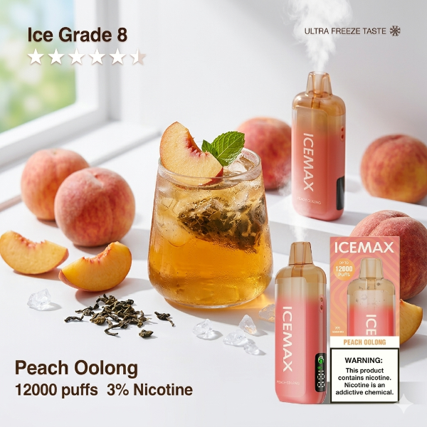 Ice Max Peach Oolong vape device with peach slices and a glass of iced tea on a white surface.