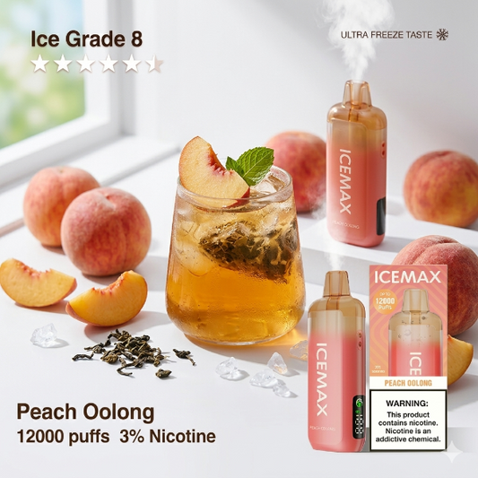 Ice Max Peach Oolong vape device with peach slices and a glass of iced tea on a white surface.