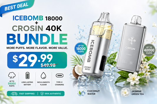 IceBomb 18000 + Crosin 40K rechargeable disposable vape bundle - $29.99, 58,000 combined puffs, USB-C charging, Coconut Water and Jasmine Green Tea flavors shown