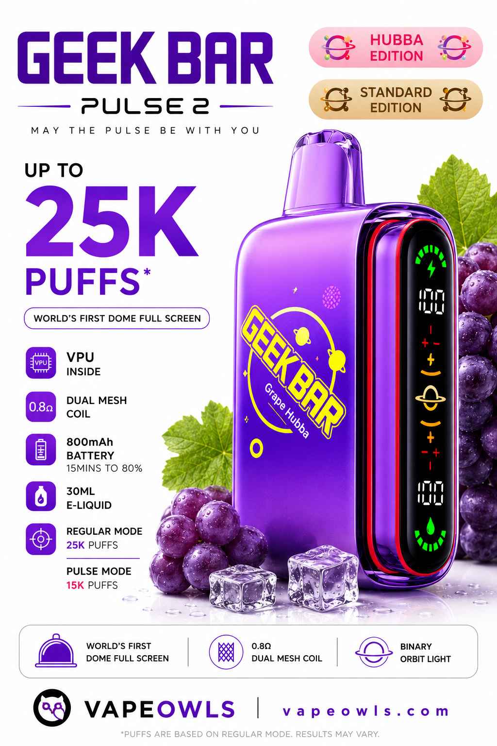 Geek Bar Pulse 2 disposable vape device in a vibrant purple color, shown alongside grapes, ice cubes, and various feature callouts on a white background. The Geek Bar branding is prominent on the device and the graphic.
