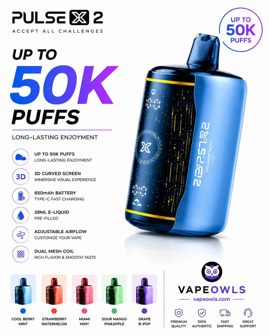 Pulse X 2 disposable vape device in blue and black, shown on a white promotional background with text highlighting up to 50,000 puffs and feature callouts. Color options are displayed along the bottom.