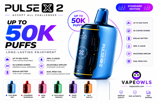 Pulse X 2 vape device in blue and black, presented on a white background with promotional text, feature icons, flavor options, and the Vapeowls logo.