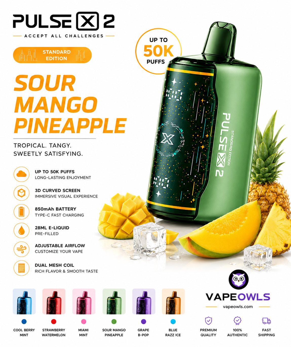 PULSE X 2 Standard Edition vape device in Sour Mango Pineapple flavor, shown with fresh mangoes and pineapple slices on a white background with product details and brand logos.